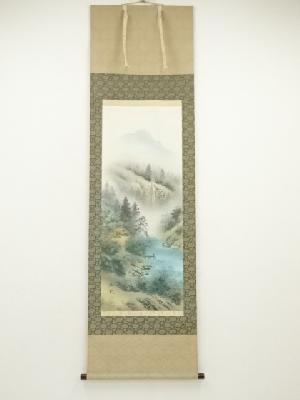仙水筆　彩色山水　肉筆絹本掛軸